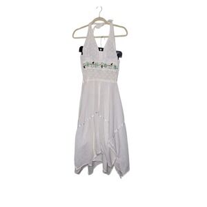 White Halter Dress Mexican Sleeveless Floral‎ Embroidered Fairy Summer Dress OS